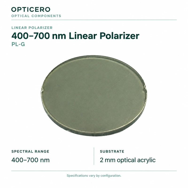 pl g opticero product card PL-G 400–700 nm linear polarizer, product photograph with verified English specifications