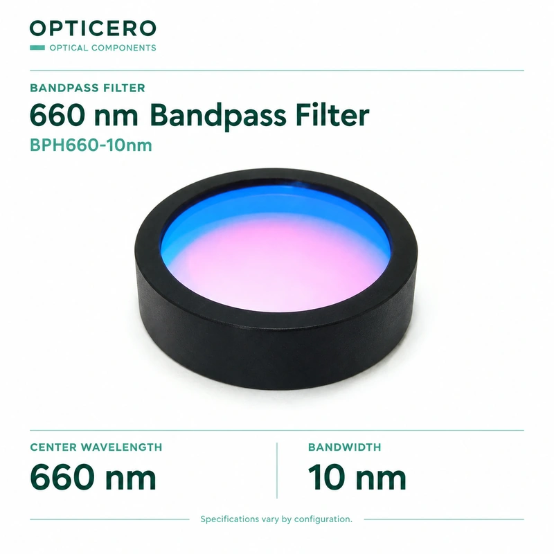 bph660 10nm opticero product card BPH660-10nm 660 nm bandpass filter, product photograph with verified English specifications