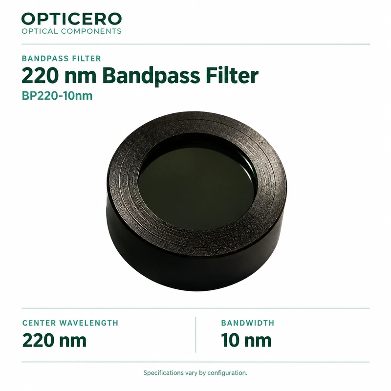 bp220 10nm opticero product card BP220-10nm 220 nm bandpass filter, product photograph with verified English specifications
