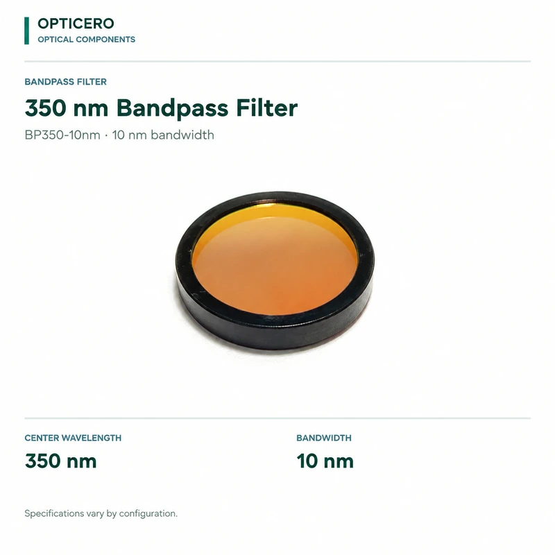 bp350 10nm 350 nm bandpass filter opticero product card BP350-10nm 350 nm Bandpass Filter shown with verified English specifications on a white background
