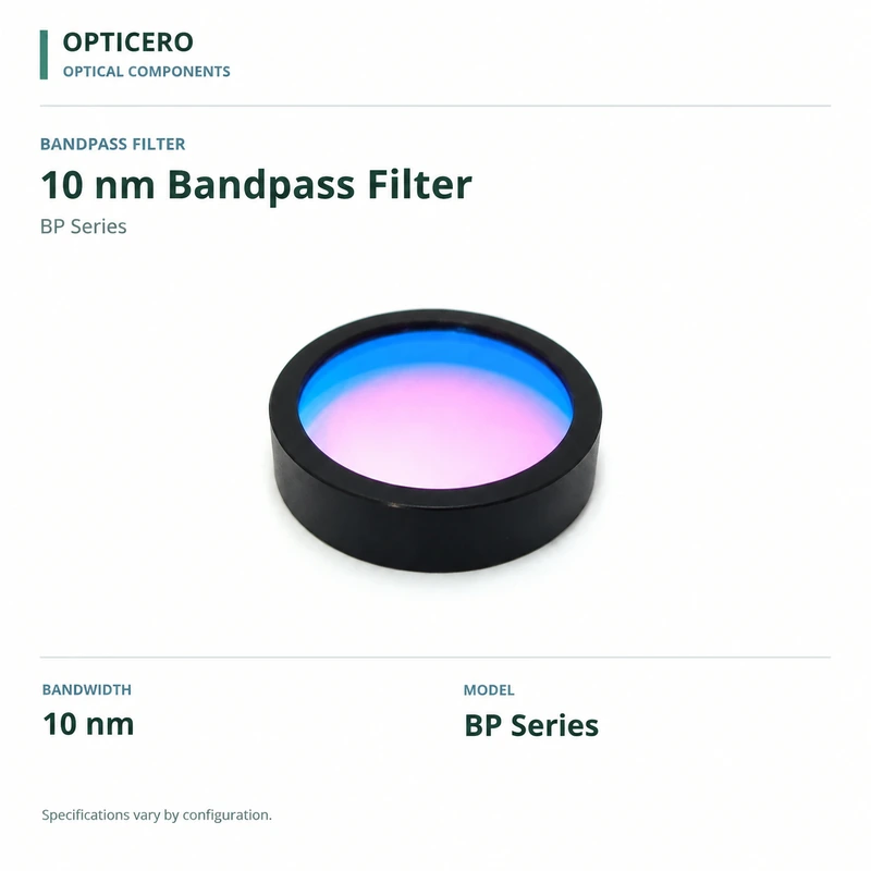 bp series 10 nm bandpass filter opticero product card BP Series 10 nm Bandpass Filter shown with verified English specifications on a white background