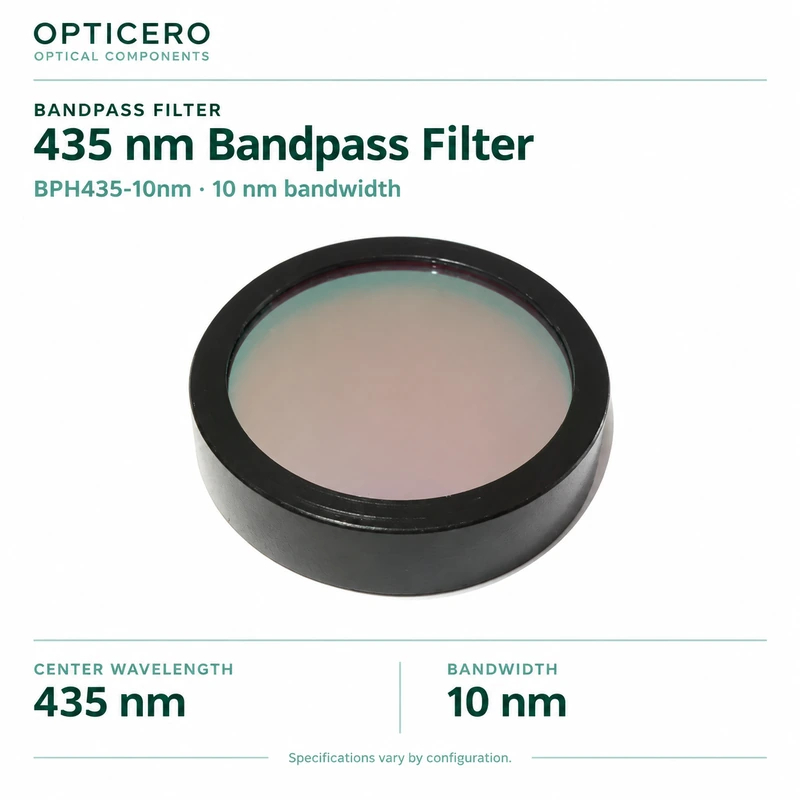 bph435 10nm 435 nm bandpass filter opticero product card BPH435-10nm 435 nm Bandpass Filter shown with verified English specifications on a white background