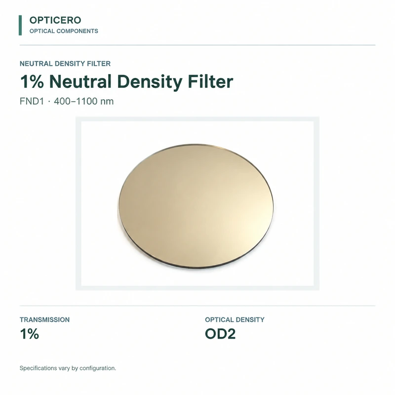 fnd1 1% neutral density filter opticero product card FND1 1% Neutral Density Filter shown with verified English specifications on a white background