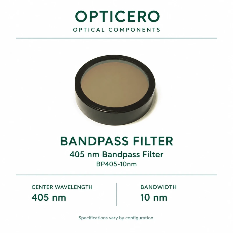 BP405-10nm product information gallery image BP405-10nm 405 nm bandpass filter with center wavelength and bandwidth specifications
