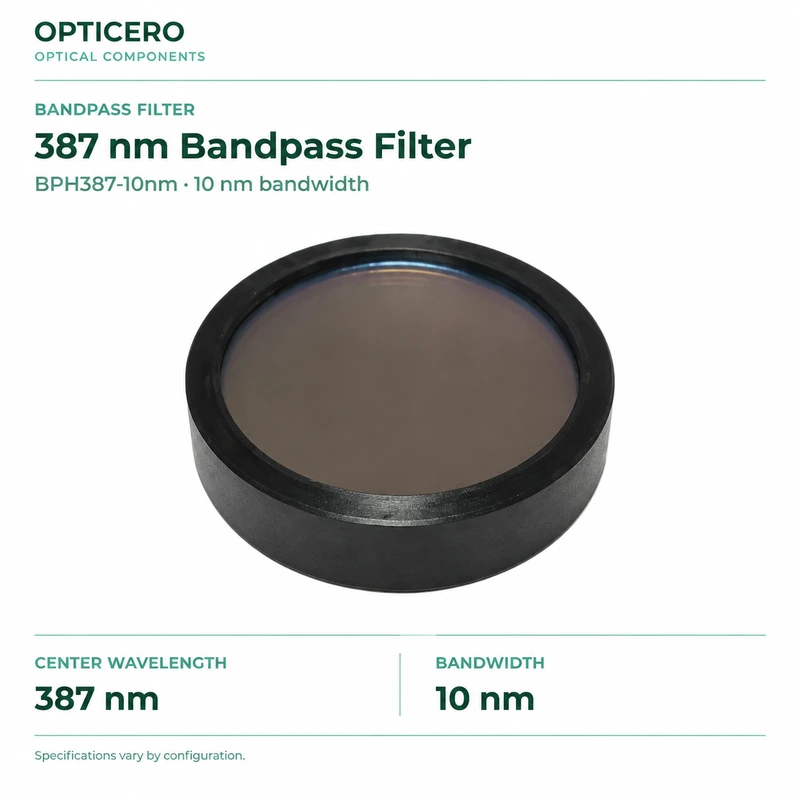 bph387 10nm 387 nm bandpass filter opticero product card BPH387-10nm 387 nm Bandpass Filter shown with verified English specifications on a white background